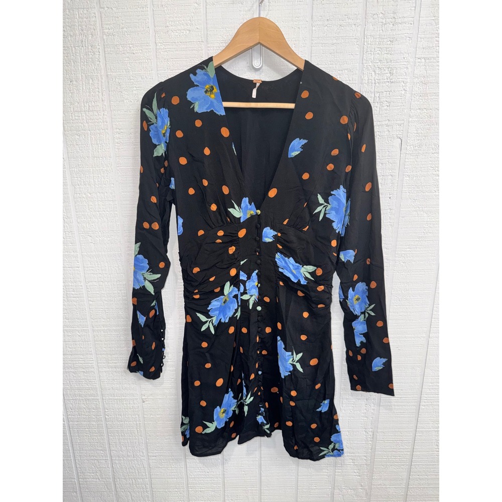 Free People Mini Dress Womens Black Floral Polka Dot Ruched V-Neck Small
